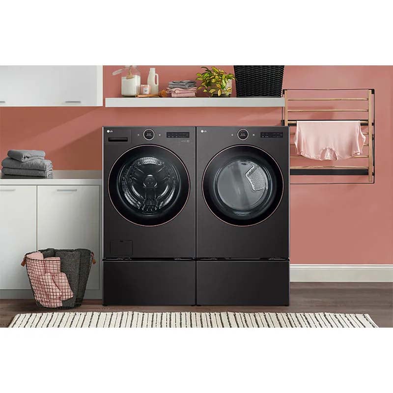 LG 27 in. 5.0 cu. ft. Smart Stackable Front Load Washer with AI DD Built-In Intelligence, TurboWash 360 Technology, Allergiene, Sanitize & Steam Wash Cycle - Black, Black Steel, hires