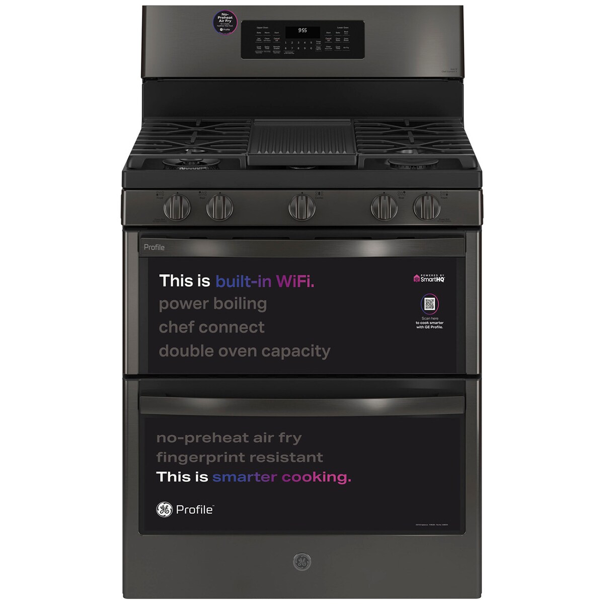 GE Profile 30 in. 6.8 cu. ft. Smart Air Fry True European Convection Double Oven Gas Range with 5 Sealed Burners, Grill & Griddle - Black Stainless, Black Stainless, hires