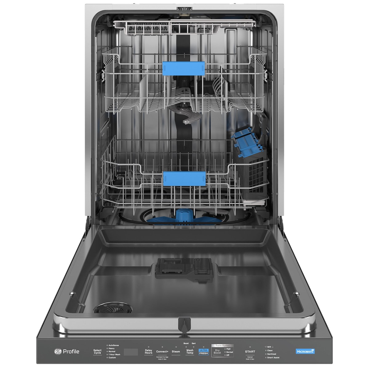 GE Profile 24 in. Top Control Flush-Mount Smart Dishwasher with 42 dBa Sound Level, 3rd-Rack, Twin Turbo Dry Boost & Pocket Handle - Fingerprint Resistant Stainless, , hires