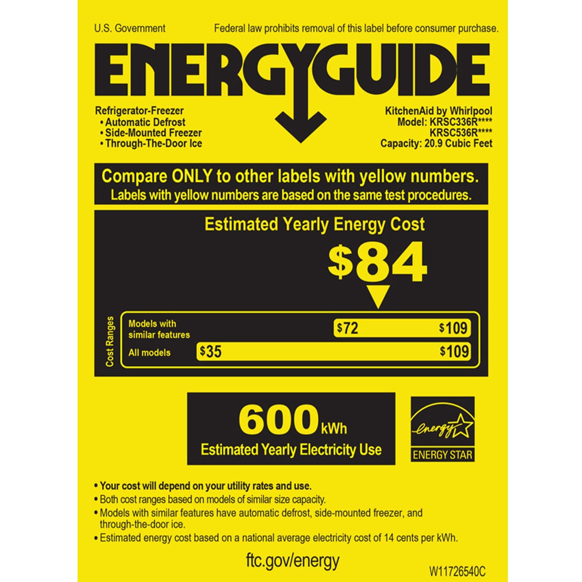 KitchenAid 36 in. 20.8 cu. ft. Counter Depth Side-by-Side Refrigerator with Ice & Water Dispenser - Fingerprint Resistant Stainless Steel, Fingerprint Resistant Stainless, hires