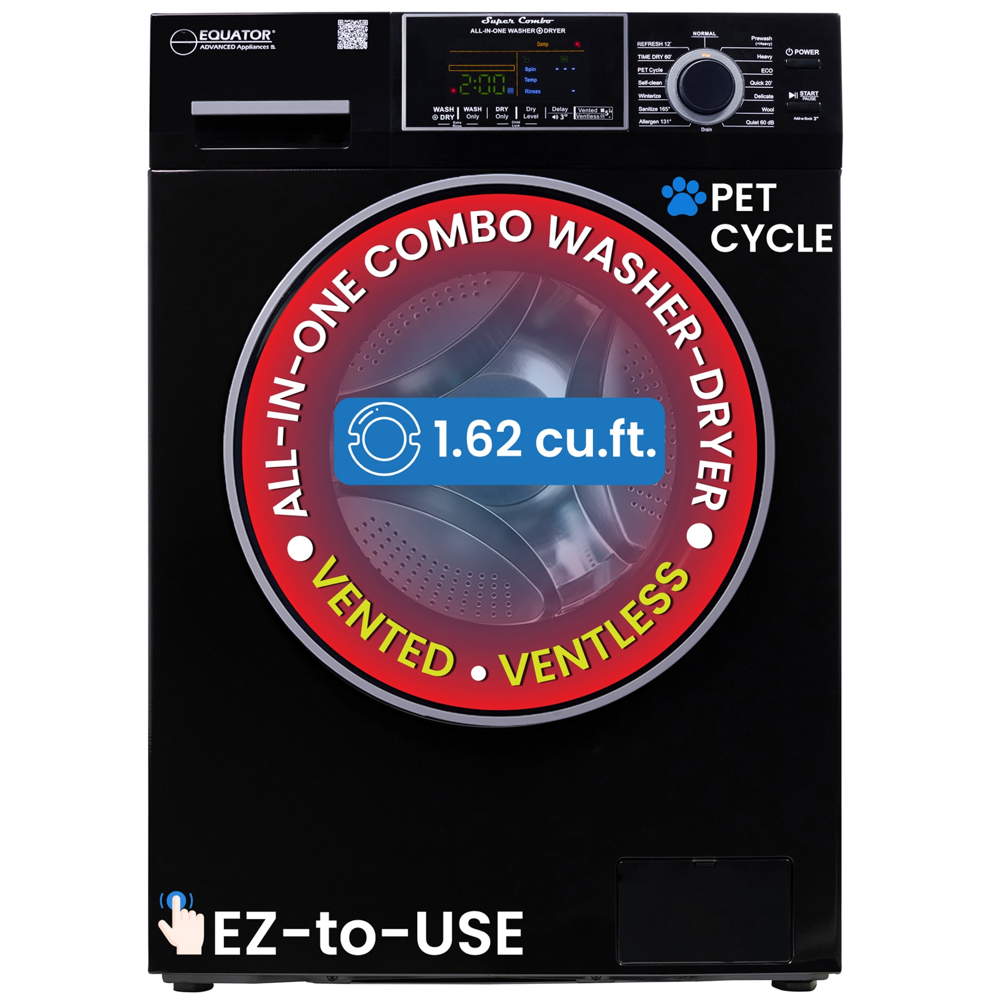 Equator 24 in. 1.6 cu. ft. Electric Front Load Vented/Ventless All-in-One Laundry Center with Pet Cycle, Sanitize Cycle & Sensor Dry - Black, Black, hires