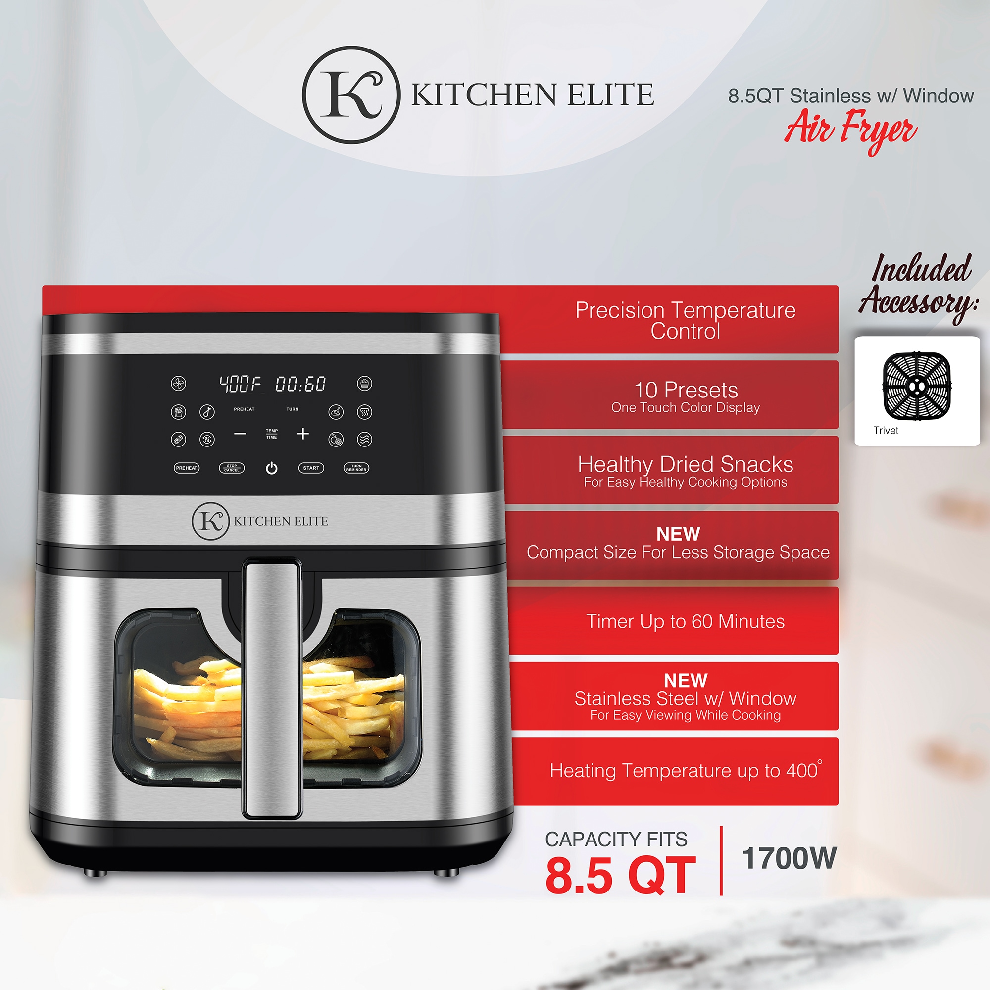 Kitchen Elite 8.5 QT Air Fryer with Window - Stainless Steel, , hires