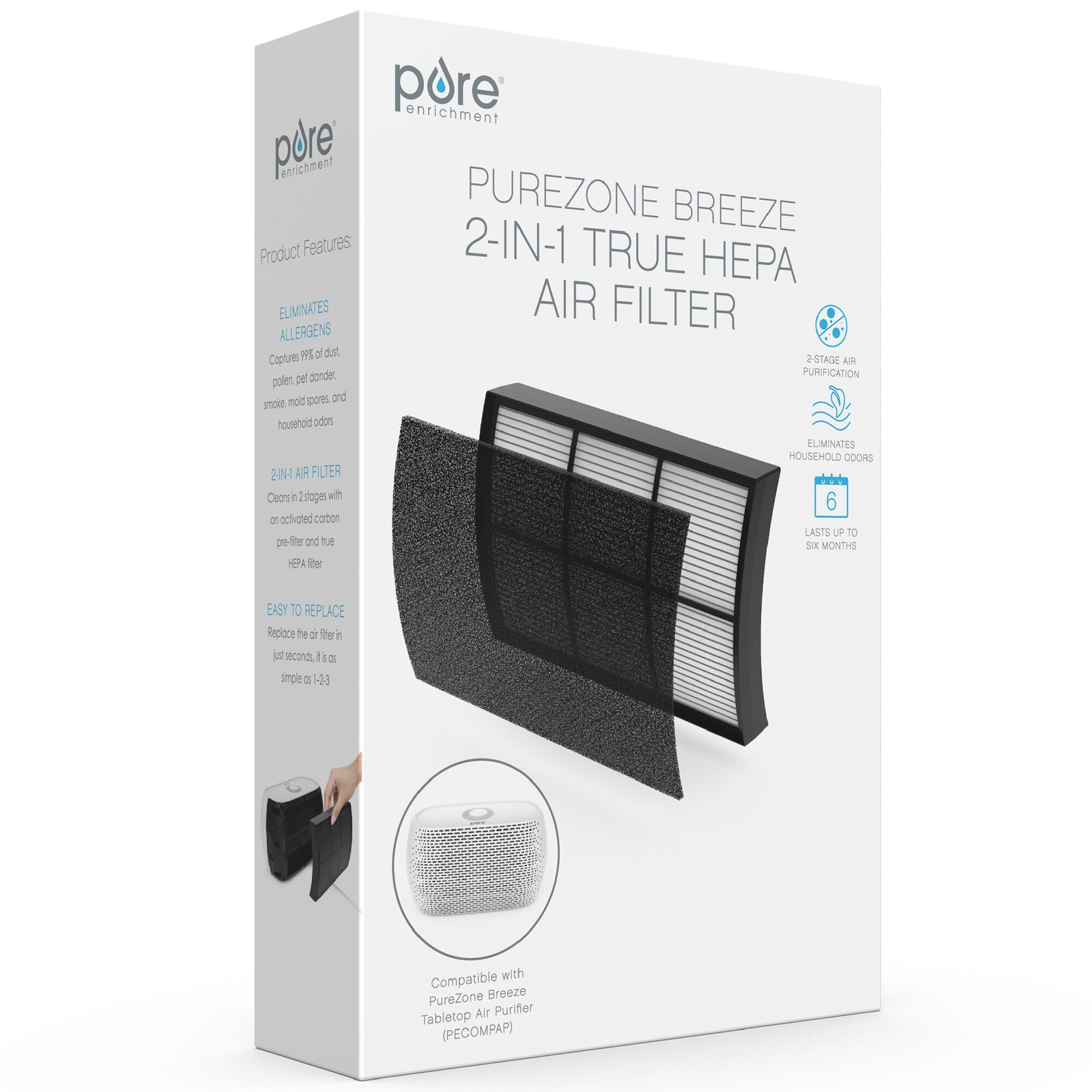 Pure Enrichment Genuine 2-in-1 True HEPA Replacement Filter for the PureZone Breeze Air Purifier, , hires