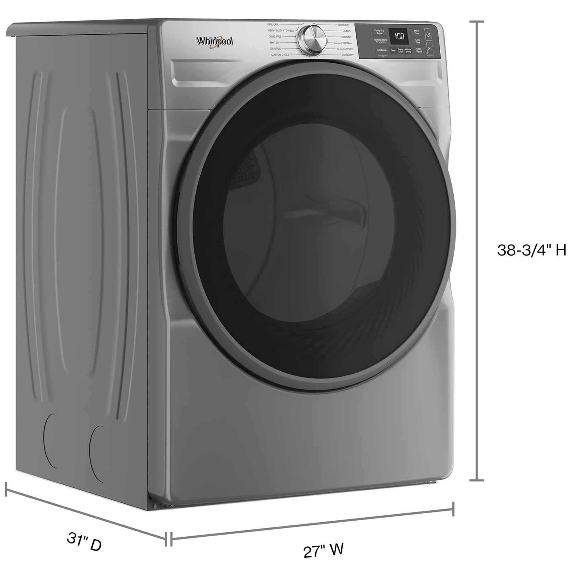 Whirlpool 27 in. 7.4 cu. ft. Smart Stackable Electric Dryer with Sensor Dry & Sanitize Cycle - Radiant Silver, Silver, hires