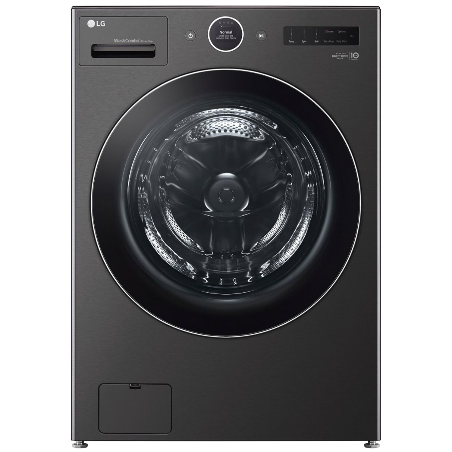 LG 27 in. 5.0 cu. ft. Smart Electric Front Load Ventless All-in-One WashCombo with Inverter Heat Pump Technology, Direct Drive Motor, Sanitize & Steam Cycle - Black Steel, Black Steel, hires