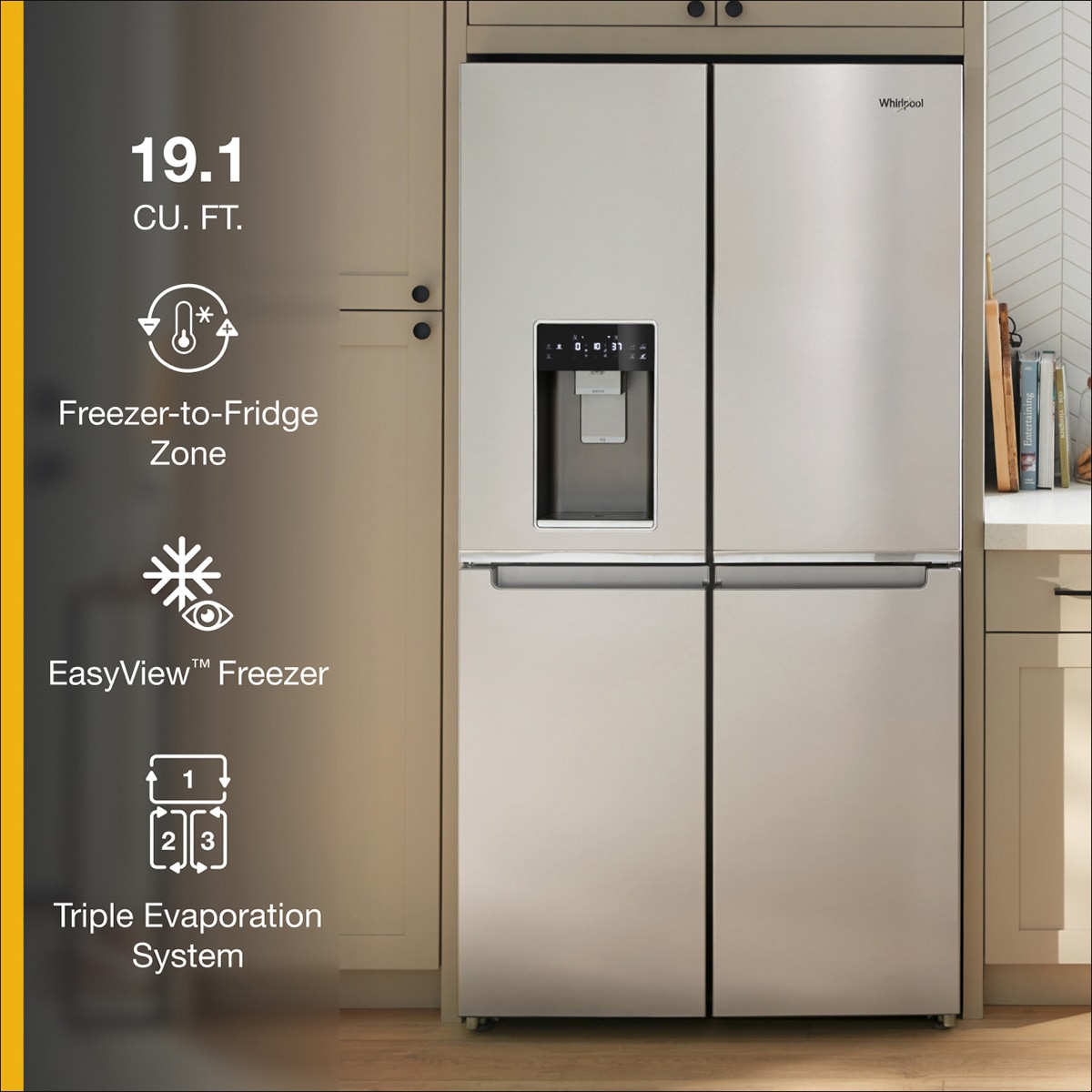 Whirlpool 36 in. 19.1 cu. ft. Counter Depth 4-Door French Door Refrigerator with Ice & Water Dispenser - Fingerprint Resistant Stainless Steel, , hires