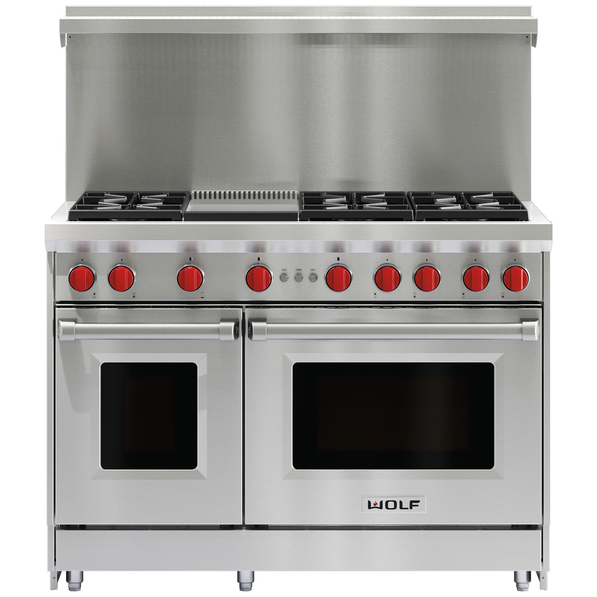 Wolf 48 in. 6.9 cu. ft. Standard Convection Double Oven Gas Range with 6 Sealed Burners & Griddle - Stainless Steel, , hires