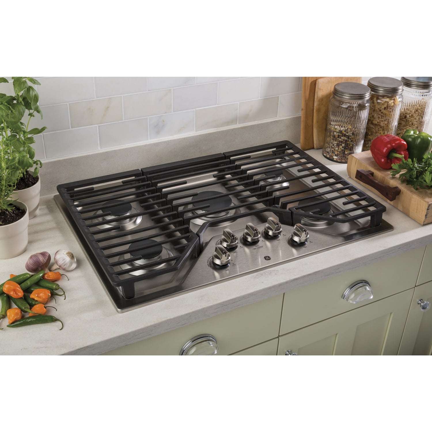GE 30 in. 5-Burner Natural Gas Cooktop with Simmer Burner & Power Burner - Stainless Steel, Stainless Steel, hires