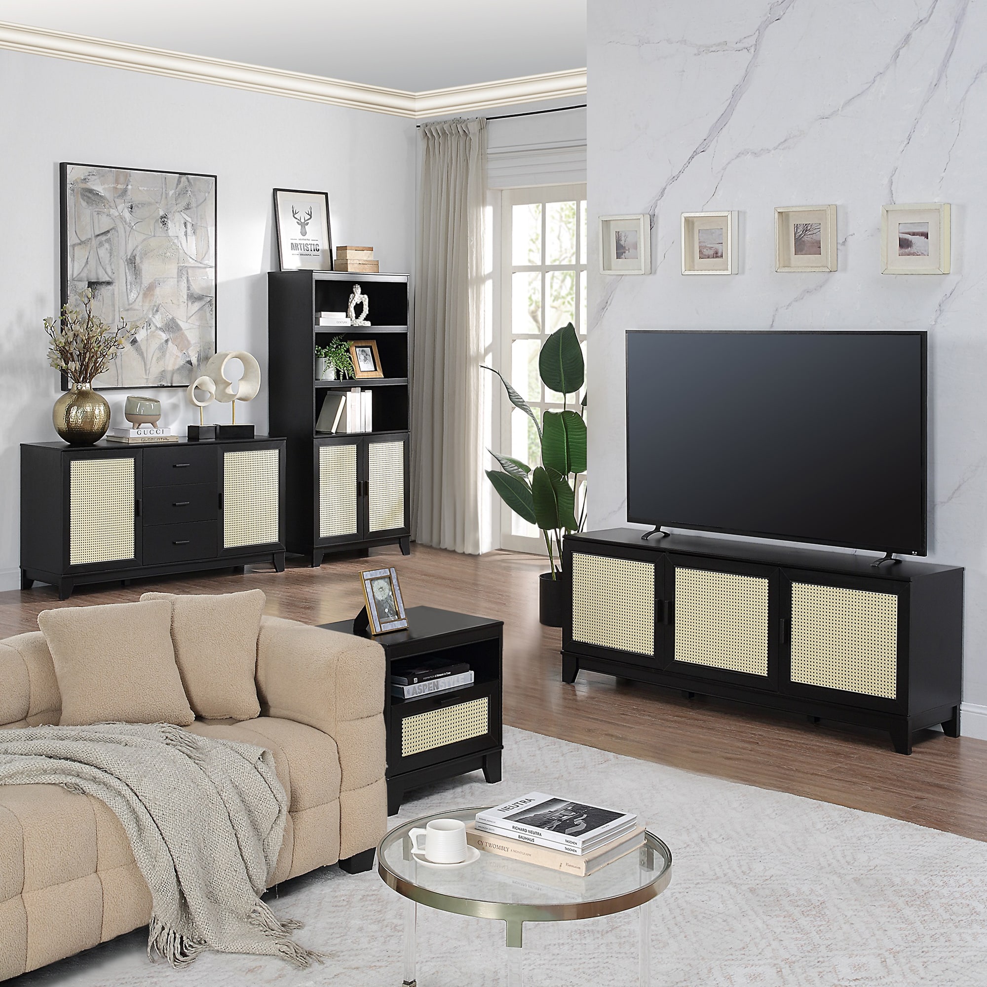 Manhattan Comfort Sheridan Modern Cane Bookcase with Adjustable Shelves - Black, , hires