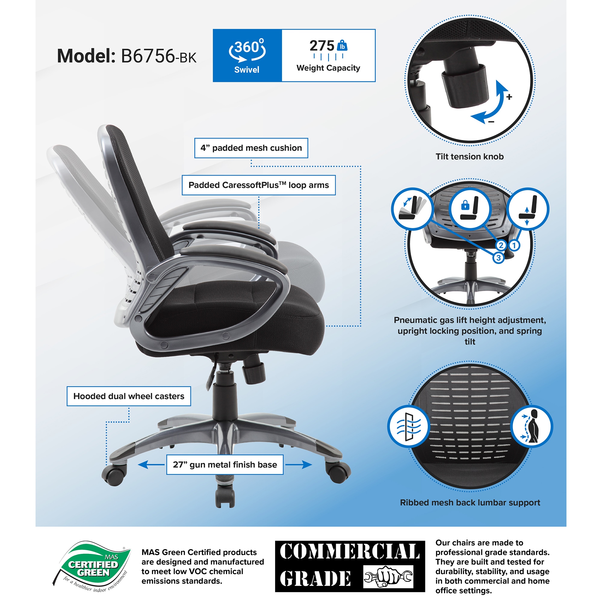 Boss Ribbed High Back Mesh Chair - Black, , hires