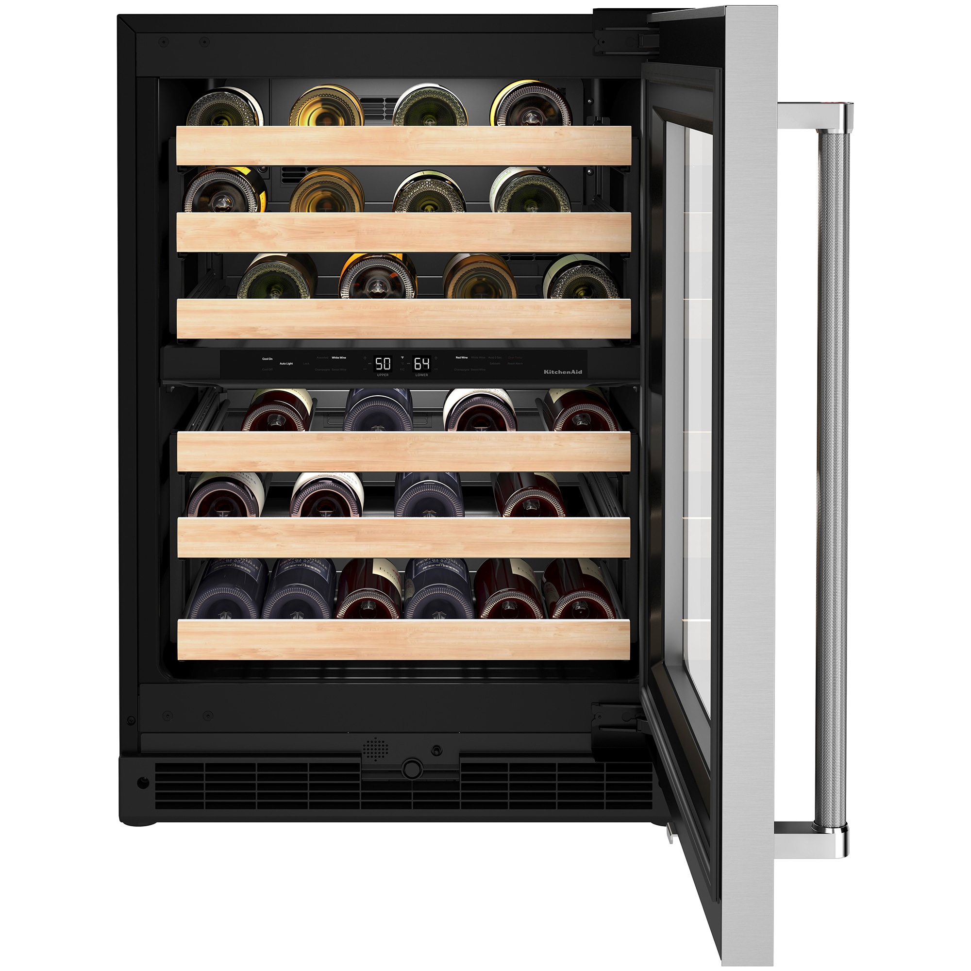 KitchenAid 24 in. Undercounter Wine Cooler with Wood Racks, Dual Temperature Zones & 46 Bottle Capacity - Stainless Steel, , hires