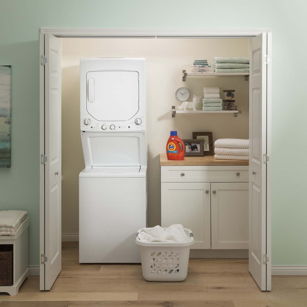 GE 24 in. Laundry Center with 2.3 cu. ft. Washer with 11 Wash Programs & 4.4 cu. ft. Gas Dryer with 4 Dryer Programs & Wrinkle Care - White, , hires