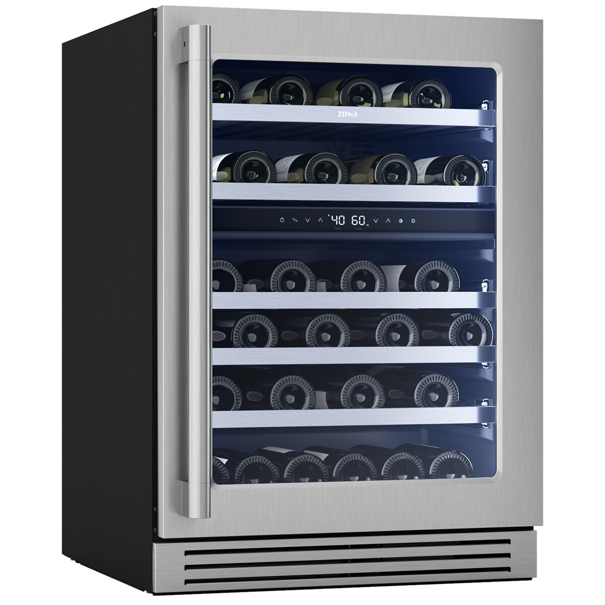 Zephyr Presrv Series 24 in. Undercounter Wine Cooler with Wood Racks, Dual Temperature Zones & 45-Bottle Capacity - Stainless Steel, , hires