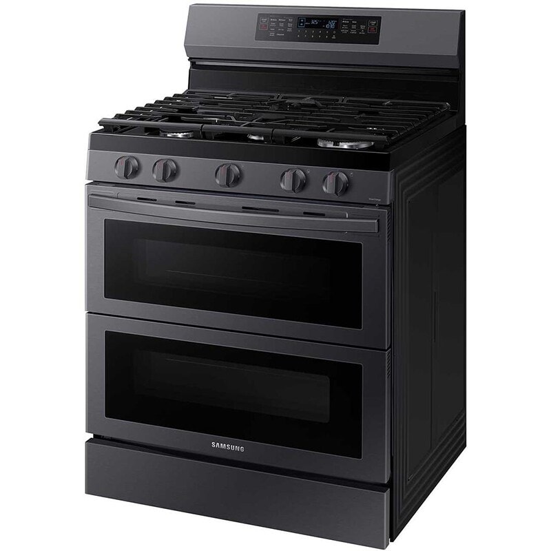 Samsung 30 in. 6 cu. ft. Smart Air Fry True European Convection Double Oven Gas Range with 5 Sealed Burners & Griddle - Black Stainless, Black Stainless, hires