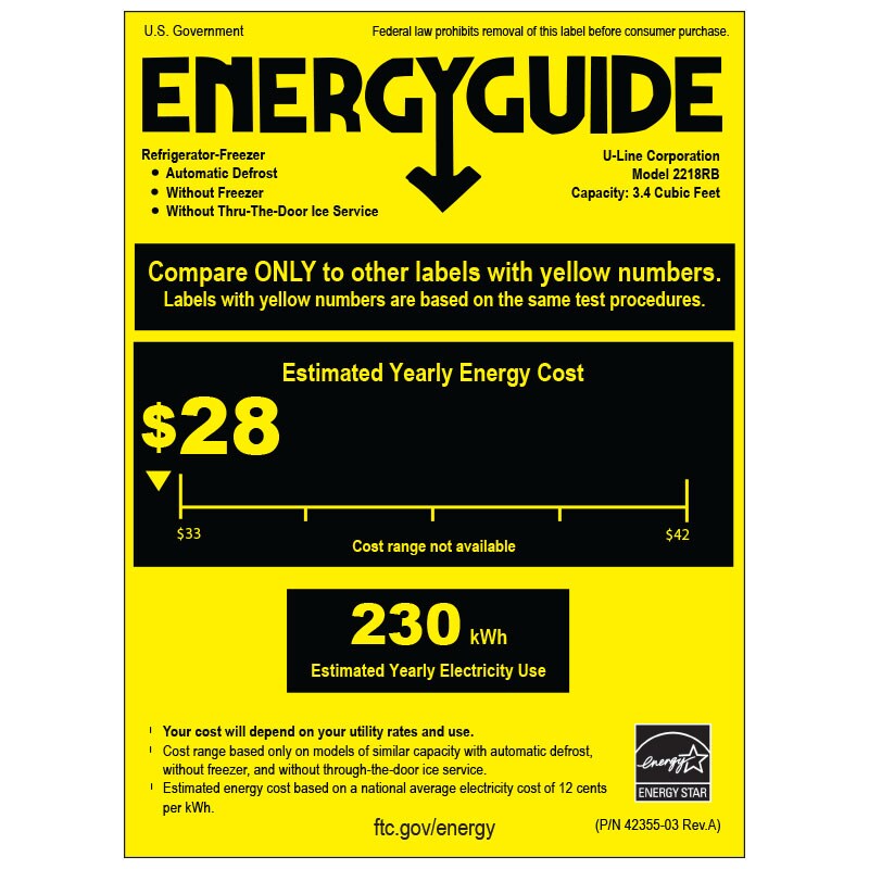 U-Line 2000 Series 18 in. 3.4 cu. ft. Built-In Undercounter Refrigerator - Custom Panel Ready, Custom Panel Required, hires