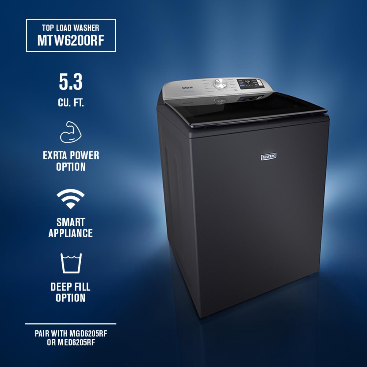 Maytag 27 in. 5.3 cu. ft. Smart Top Load Washer with Impeller & Extra Power - Midnight Steel, Midnight Steel, hires