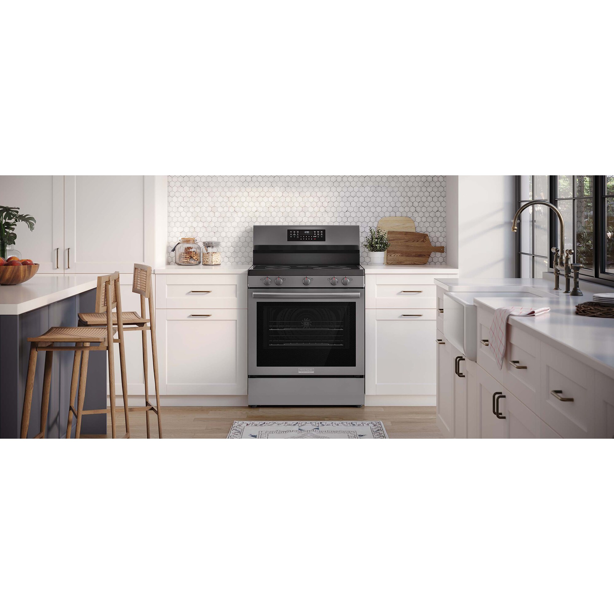 Frigidaire Gallery 30 in. 5.3 cu. ft. Air Fry Standard Convection Steam Electric Range with Smoothtop Burners - Black Stainless, Black Stainless, hires