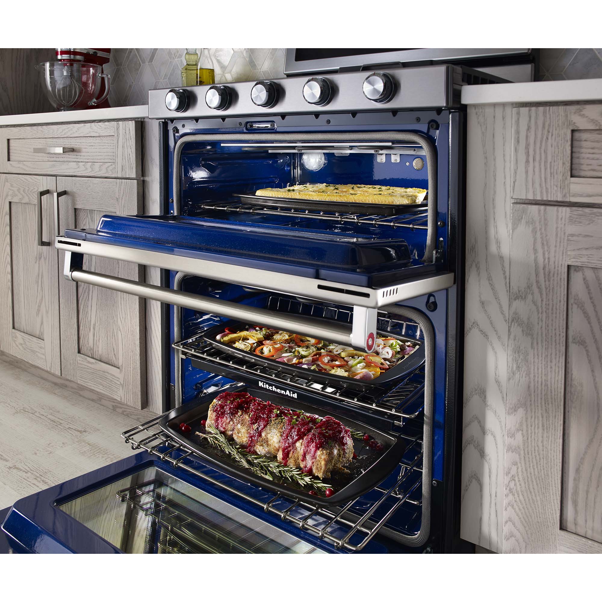KitchenAid 30 in. 6 cu. ft. True European Convection Double Oven Gas Range with 5 Sealed Burners & Griddle - Stainless Steel, Stainless Steel, hires