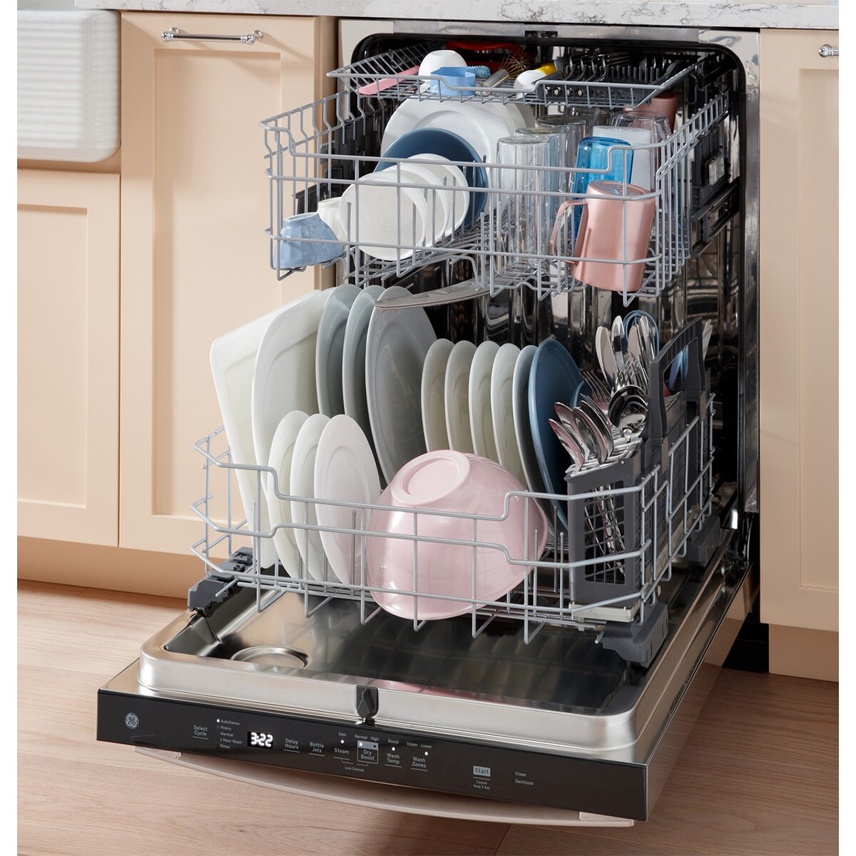 GE 24 in. Top Control Flush-Mount Dishwasher with 45 dBa Sound Level, 3rd-Rack, Dry Boost & Pocket Handle - Fingerprint Resistant Stainless, Fingerprint Resistant Stainless, hires