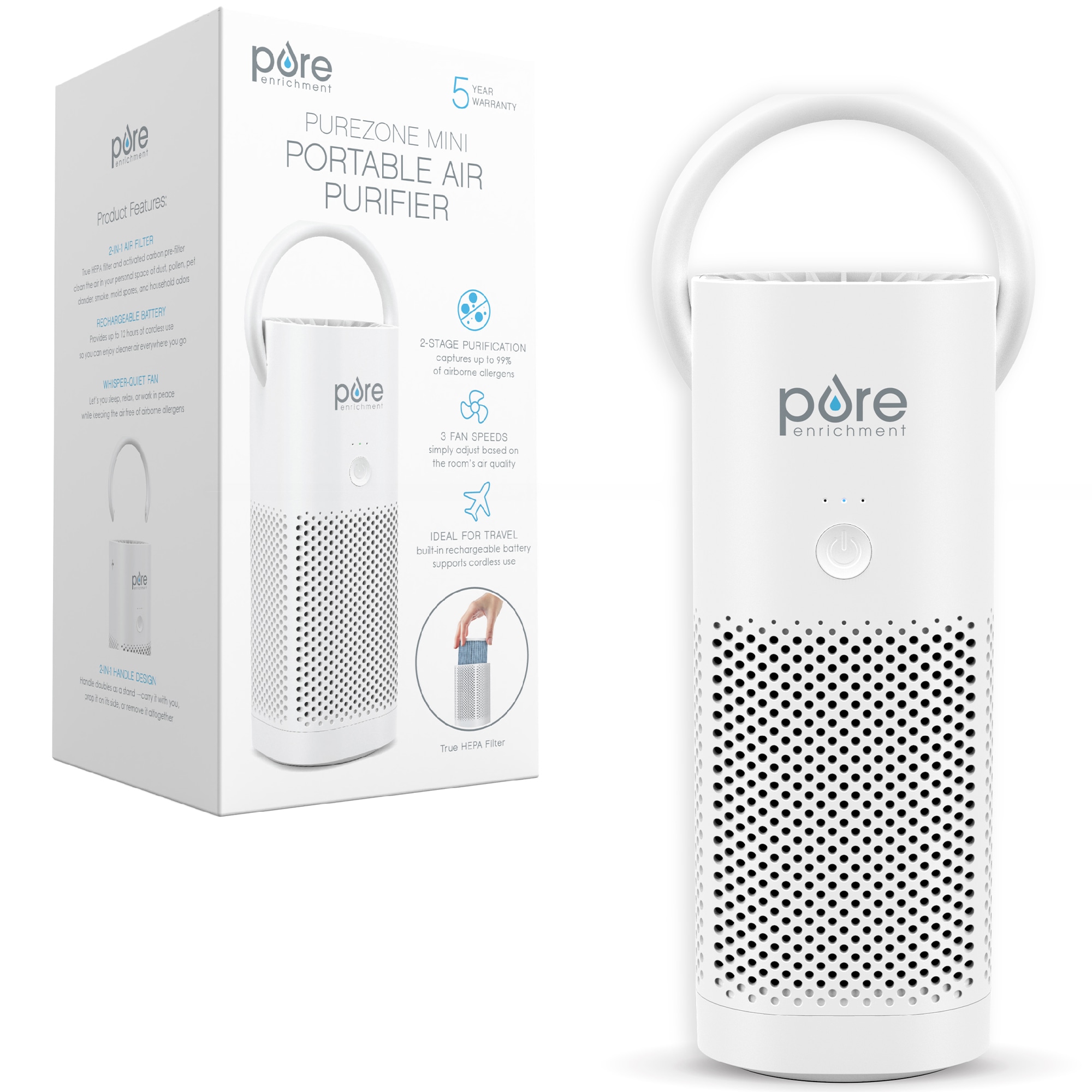 Pure Enrichment 4 in. HEPA Air Purifier with 2 Stages of Filtration, 3 Fan Settings - White, , hires