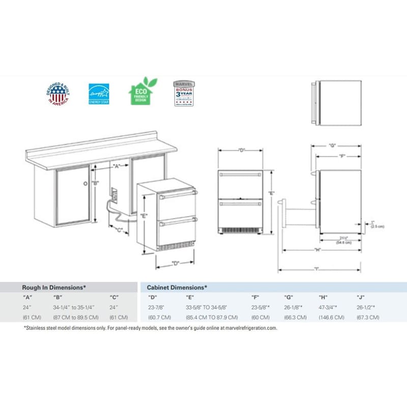 Marvel Professional Series 24 in. 5 cu. ft. Double Refrigerator Drawers - Stainless Steel, , hires