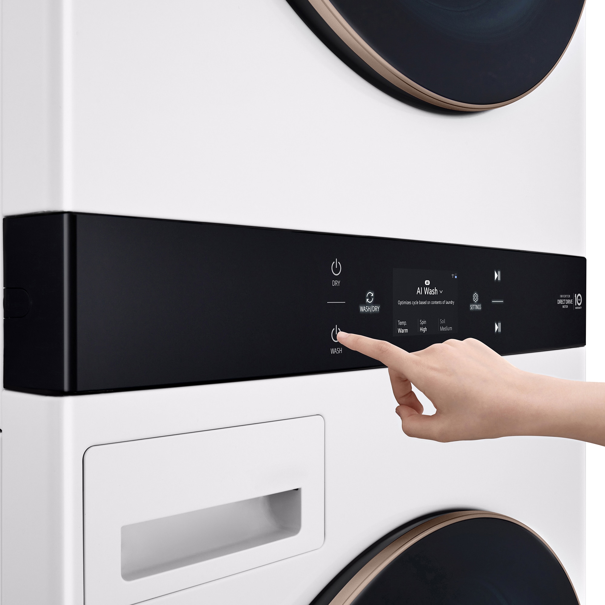 LG 27 in. 5.0 cu. ft. Smart Gas Front Load WashTower with AI Sensor Dry, TurboSteam, Allergiene Cycle, ezDispense, AI DD 2.0 Advanced Washing, Sensor Dry, Sanitize & Steam Cycle - Essence White, Essence White, hires