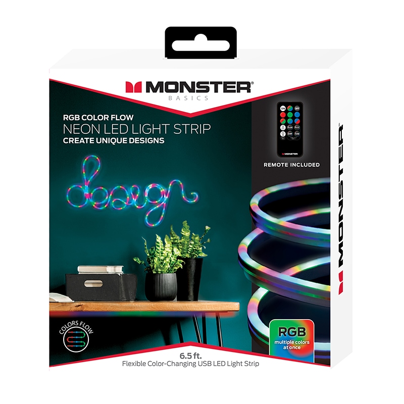Monster Neon Flow Multi-Color LED Light Strip with USB Plug-in and Remote, 6.5 ft., , hires