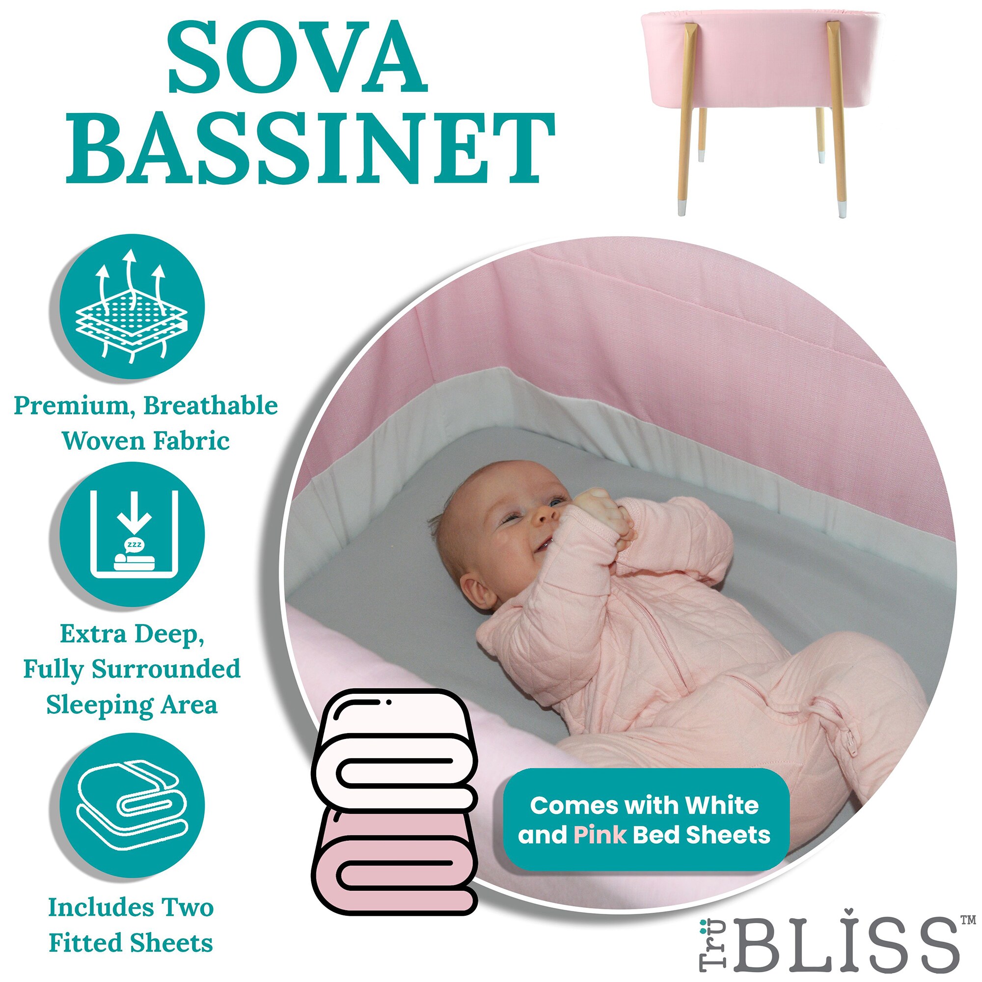 TruBliss Sova Bassinet - Pink, Pink, hires