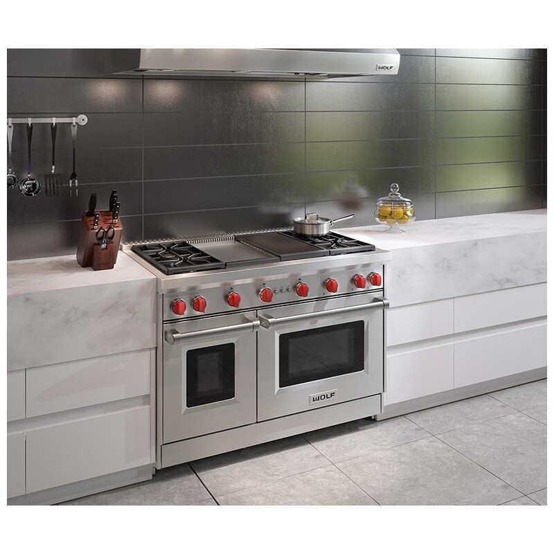 Wolf 48 in. 6.9 cu. ft. Standard Convection Double Oven Gas Range with 4 Sealed Burners, Grill & Griddle - Stainless Steel, , hires