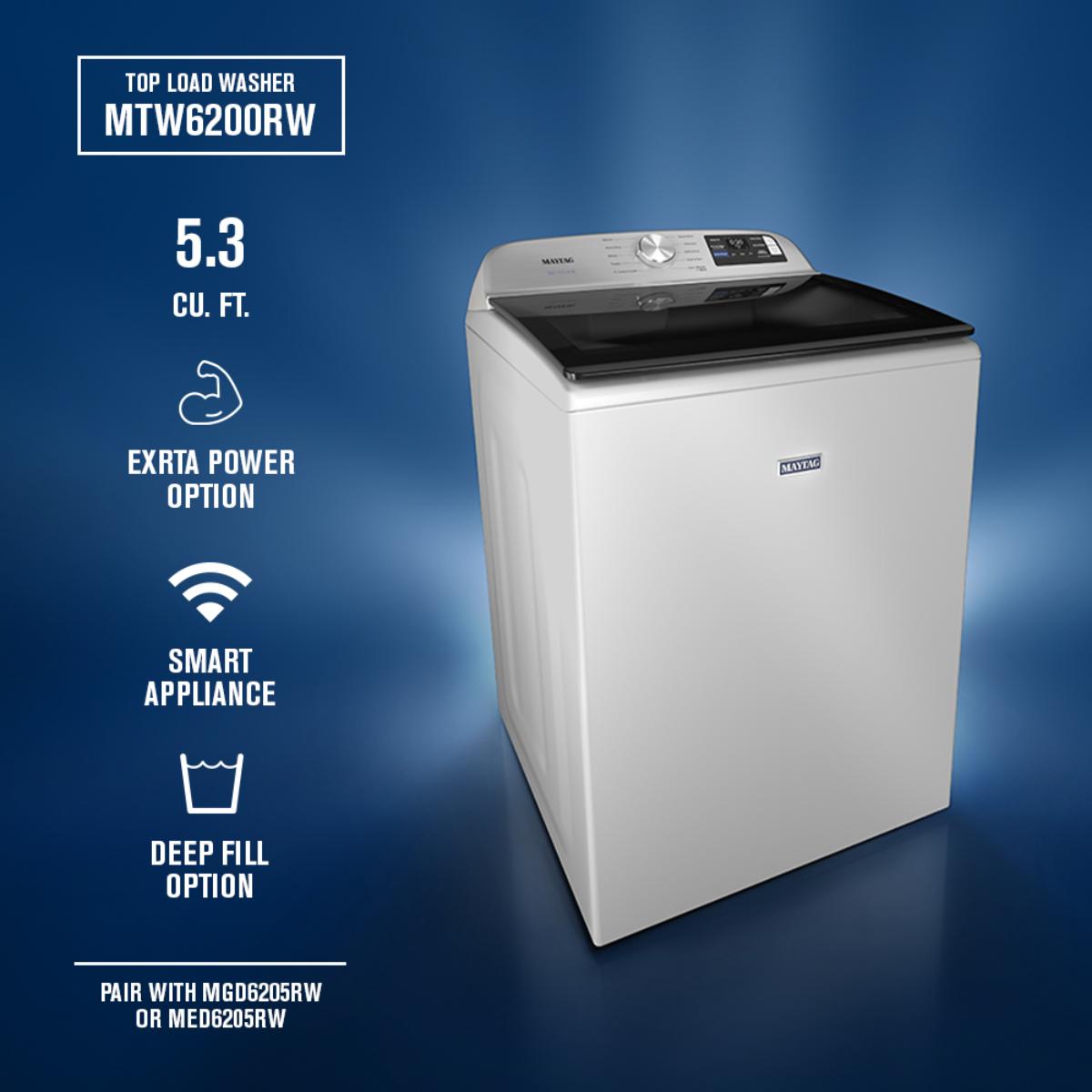 Maytag 27 in. 5.3 cu. ft. Smart Top Load Washer with Impeller & Extra Power - White, White, hires