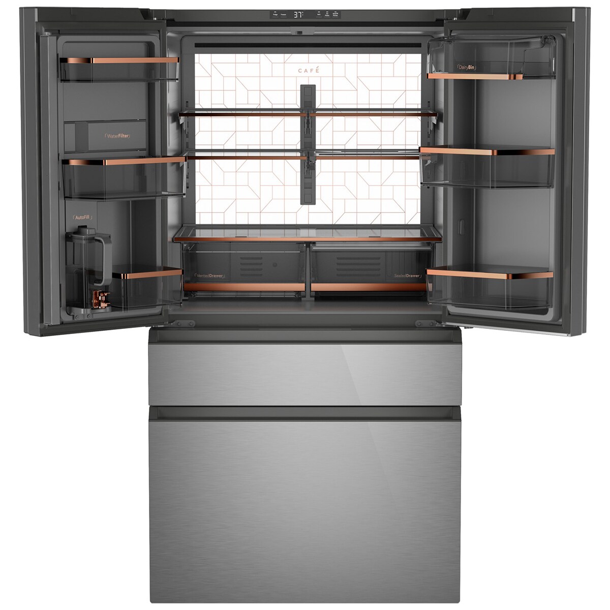 Cafe 36 in. 28.7 cu. ft. Smart 4-Door French Door Refrigerator with Internal Water Dispenser - Platinum Glass, Platinum Glass, hires