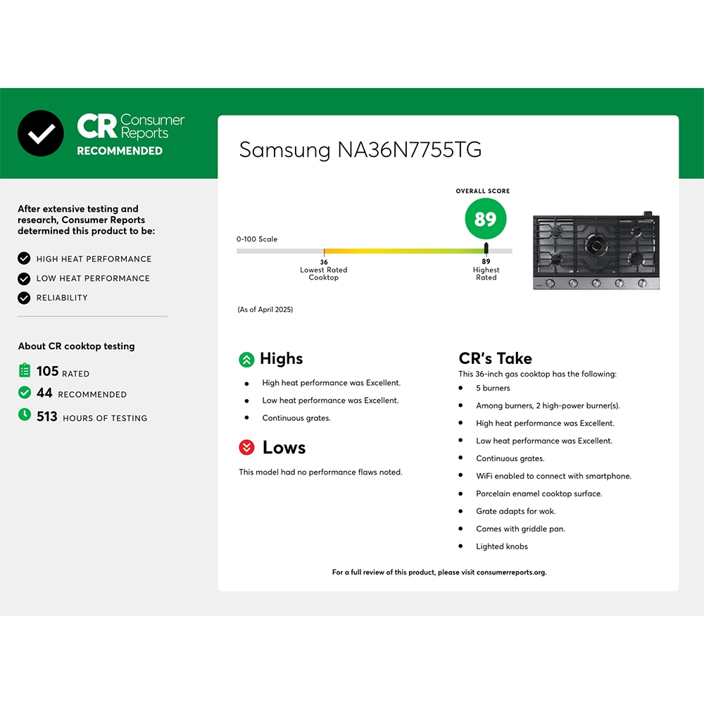 Samsung 36 in. 5-Burner Smart Natural Gas Cooktop with Griddle, Simmer Burner & Power Burner - Stainless Steel, Stainless Steel, hires