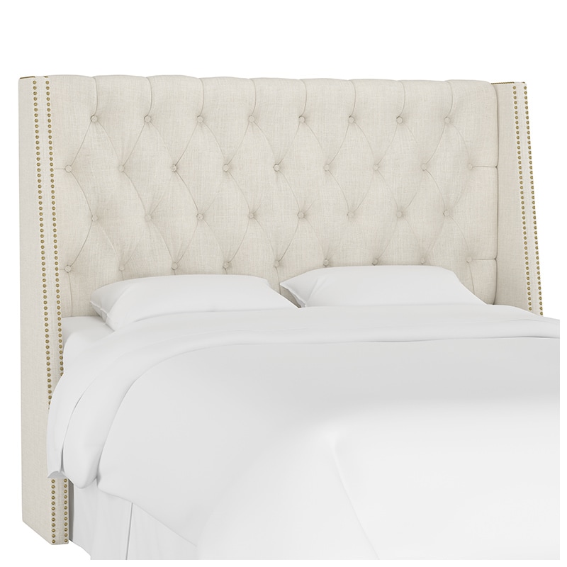 Skyline King Nail Button Tufted Wingback Headboard in Linen - Talc, Cream, hires