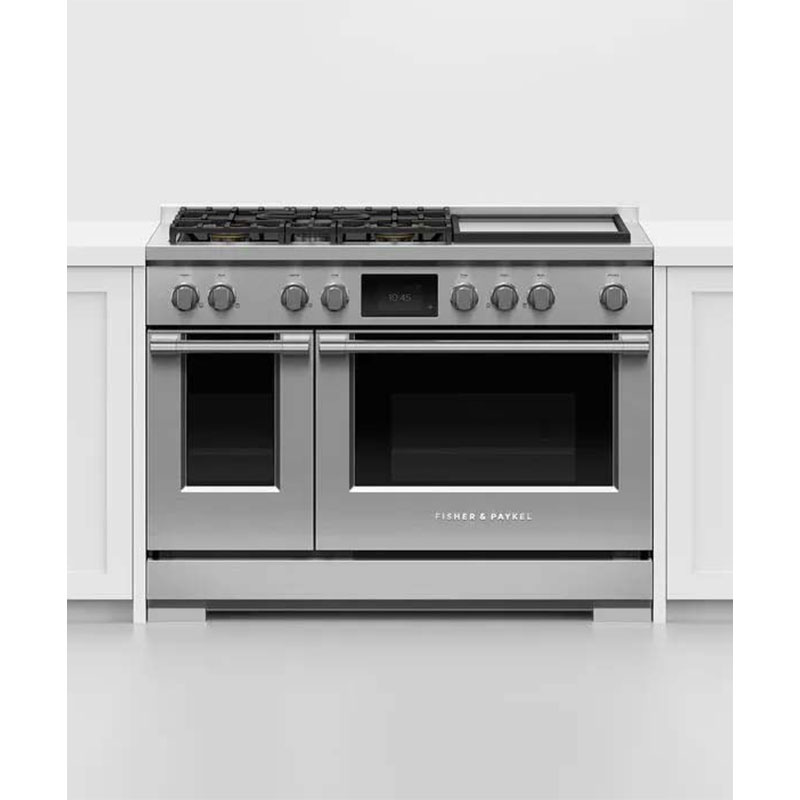 Fisher Paykel Pro Series 9 48 in. 6.9 cu. ft. Smart Air Fry True European Convection Double Oven Dual Fuel Range with 5 Sealed Burners & Griddle - Stainless Steel, , hires