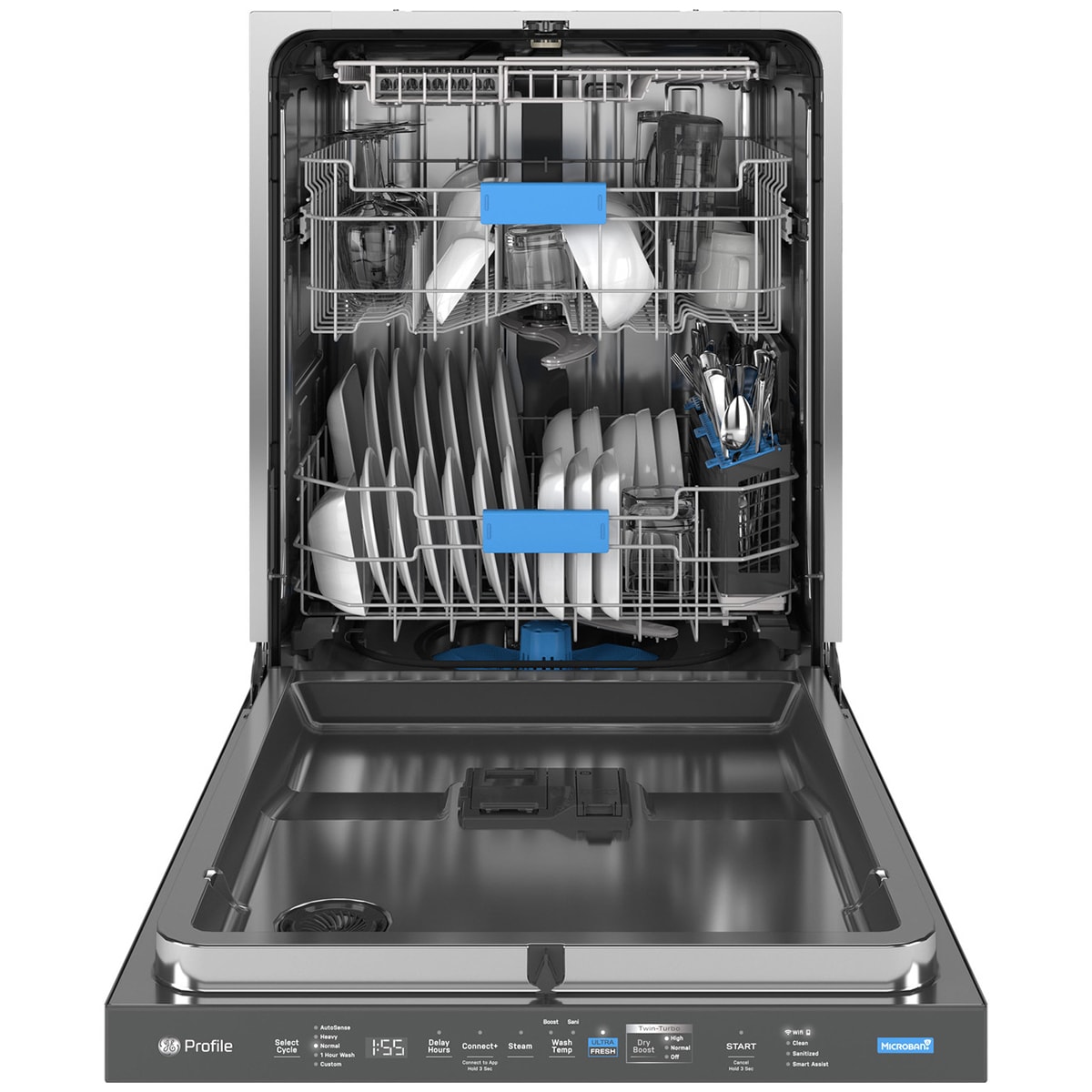 GE Profile 24 in. Top Control Flush-Mount Smart Dishwasher with 42 dBa Sound Level, 3rd-Rack & Twin Turbo Dry Boost - Fingerprint resistant Black Stainless, , hires