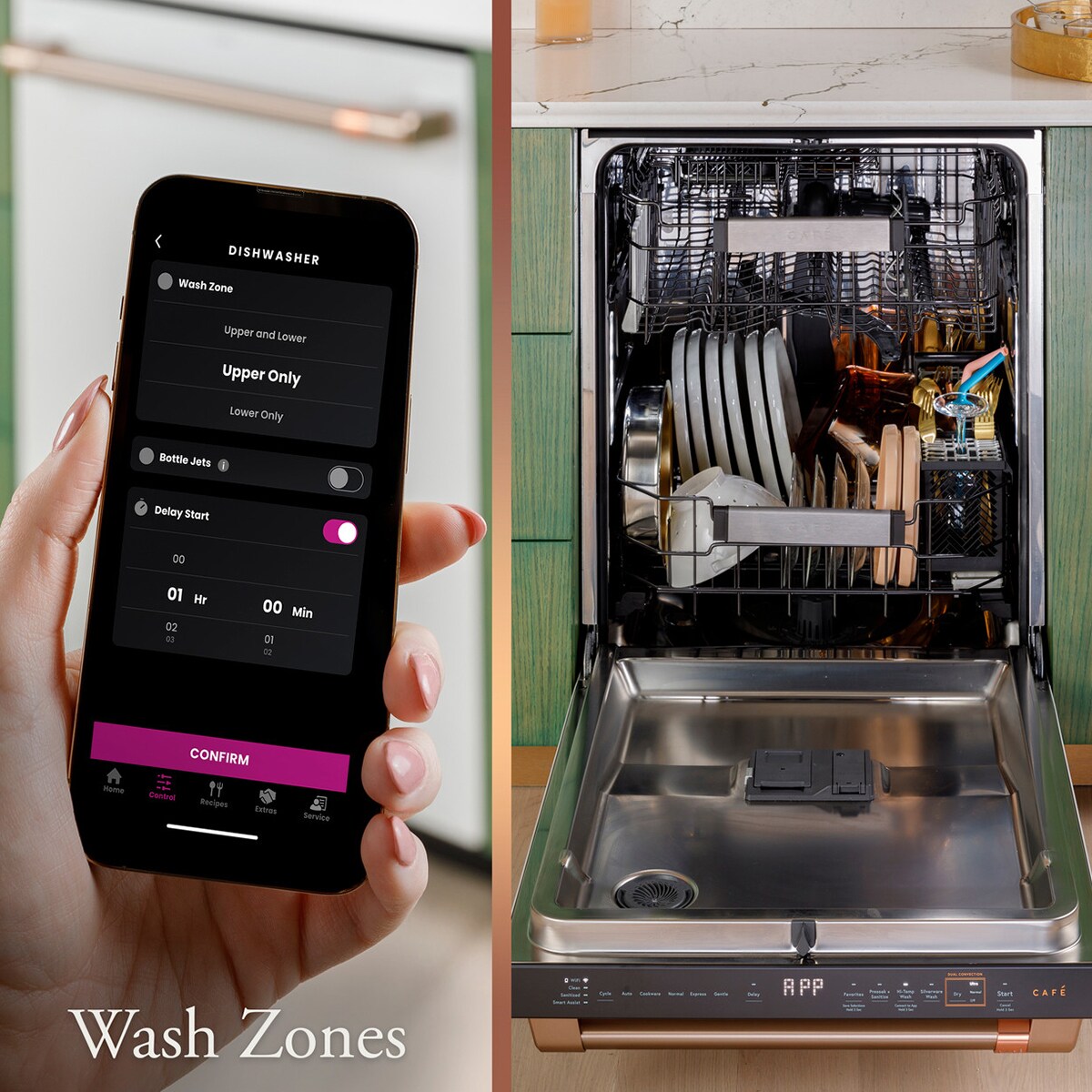 Cafe 24 in. Top Control Flush-Mount Smart Dishwasher with 39 dBa Sound Level, 3rd-Rack, Dual Convection Ultra Dry & Pocket Handle - Platinum Glass, , hires