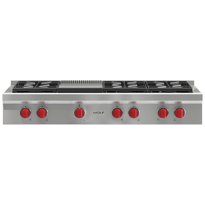 Wolf 48 in. 6-Burner LP Gas Rangetop with Griddle & Power Burner - Stainless Steel, , hires