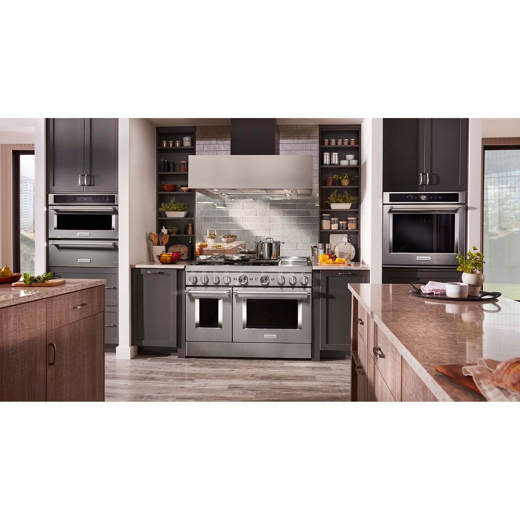 KitchenAid Commercial-Style 48 in. 6.3 cu. ft. Smart True European Convection Double Oven Dual Fuel Range with 6 Sealed Burners & Griddle - Stainless Steel, , hires