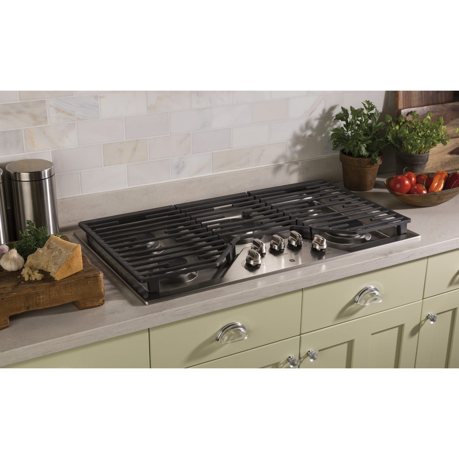 GE 36 in. 5-Burner Natural Gas Cooktop with Simmer Burner & Power Burner - Stainless Steel, Stainless Steel, hires