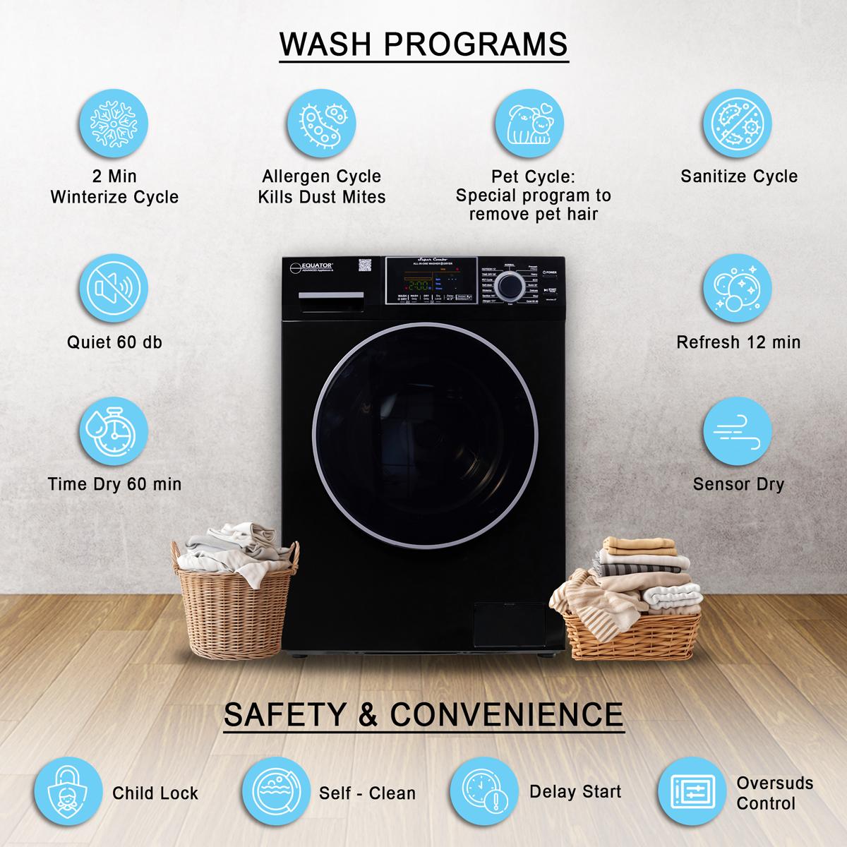 Equator 24 in. 1.6 cu. ft. Electric Front Load Vented/Ventless All-in-One Laundry Center with Pet Cycle, Sanitize Cycle & Sensor Dry - Black, Black, hires