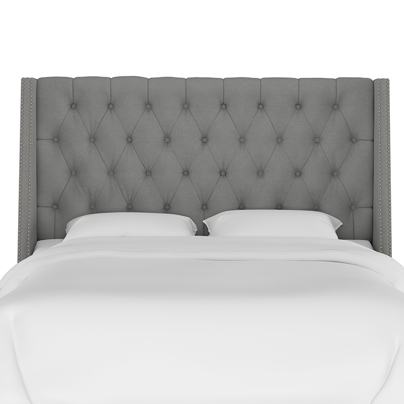 Skyline Full Nail Button Tufted Wingback Headboard in Linen - Grey, Grey, hires