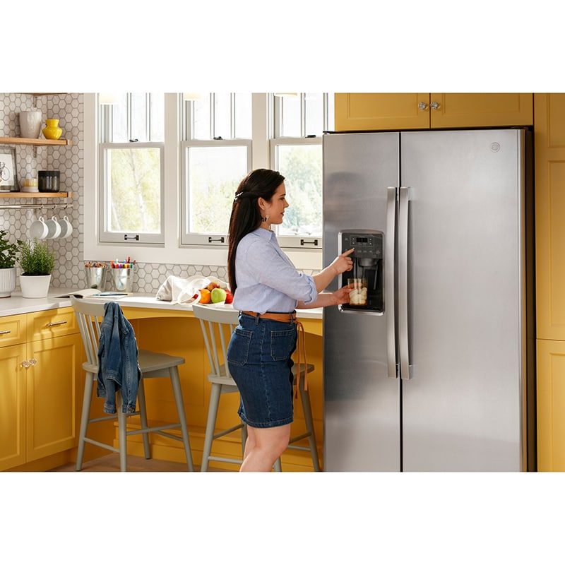 GE 33 in. 23.0 cu. ft. Energy Star Side-by-Side Refrigerator with External Ice & Water Dispenser - White, White, hires