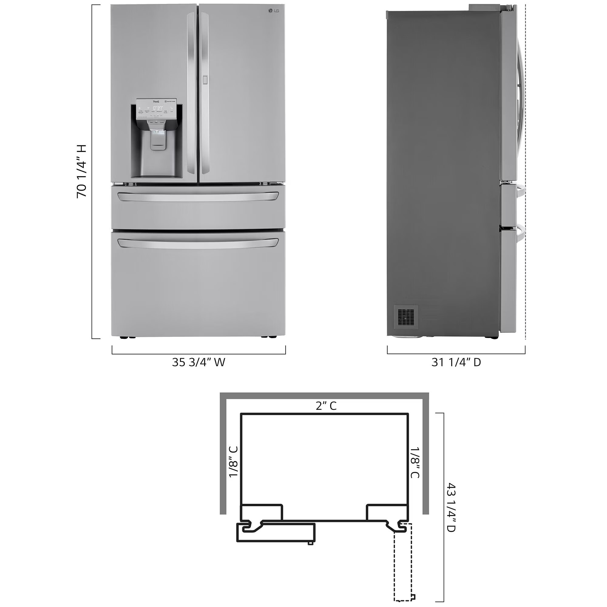 LG 36 in. 22.5 cu. ft. Smart Counter Depth 4-Door French Door Refrigerator with Ice & Water Dispenser - PrintProof Stainless Steel, PrintProof Stainless Steel, hires