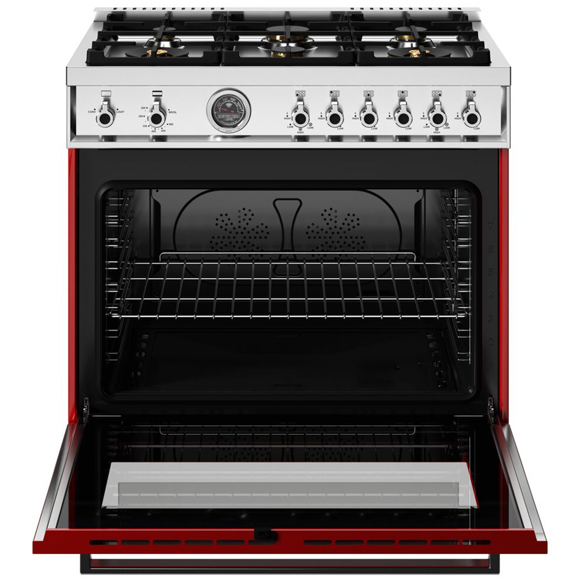 Bertazzoni Professional Series 36 in. 5.9 cu. ft. Dual Convection Gas Range with 6 Sealed Burners & Griddle - Red, Red, hires