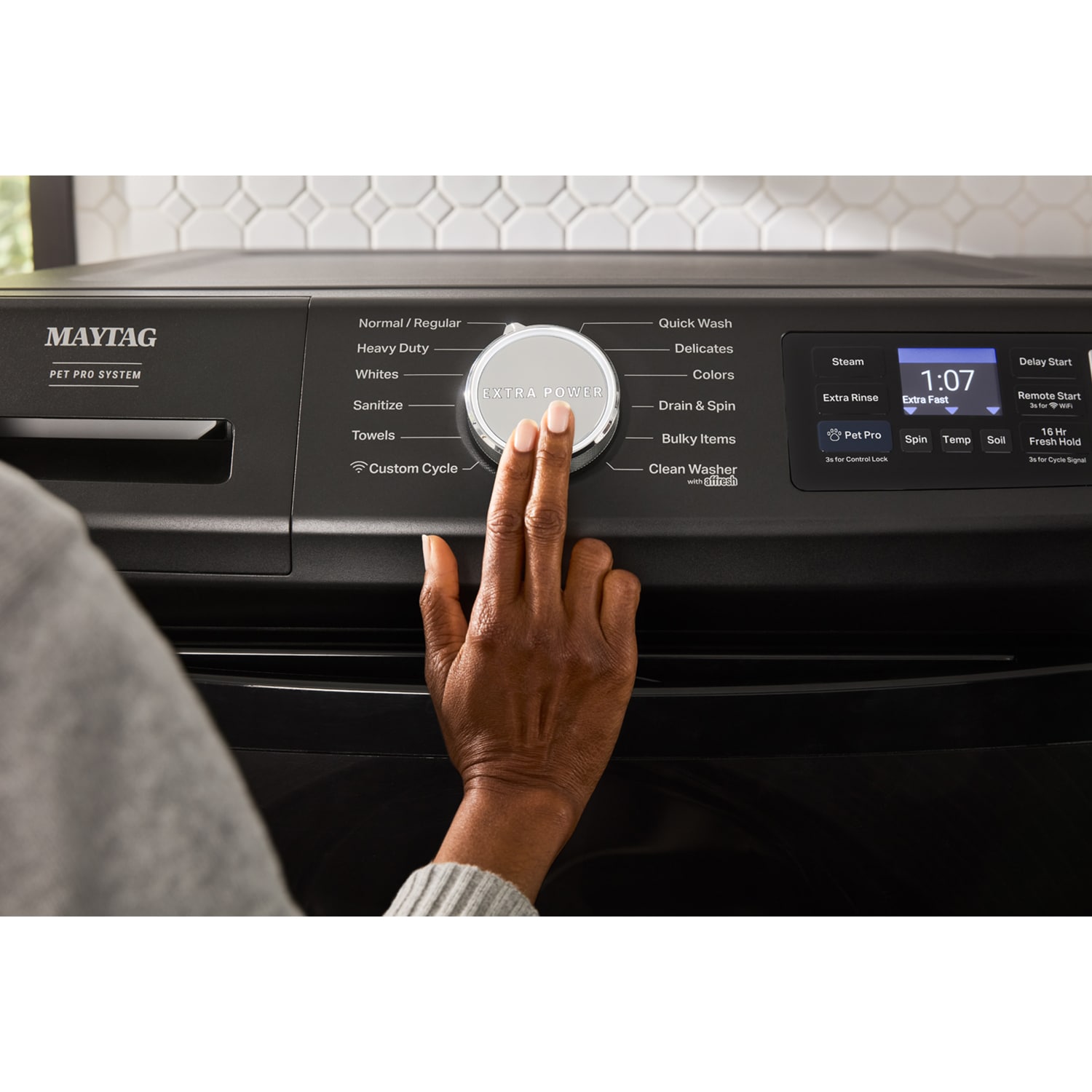 Maytag Pet Pro 27 in. 5.0 cu. ft. Smart Stackable Front Load Washer with Sanitize & Steam Cycle - Volcano Black, Volcano Black, hires