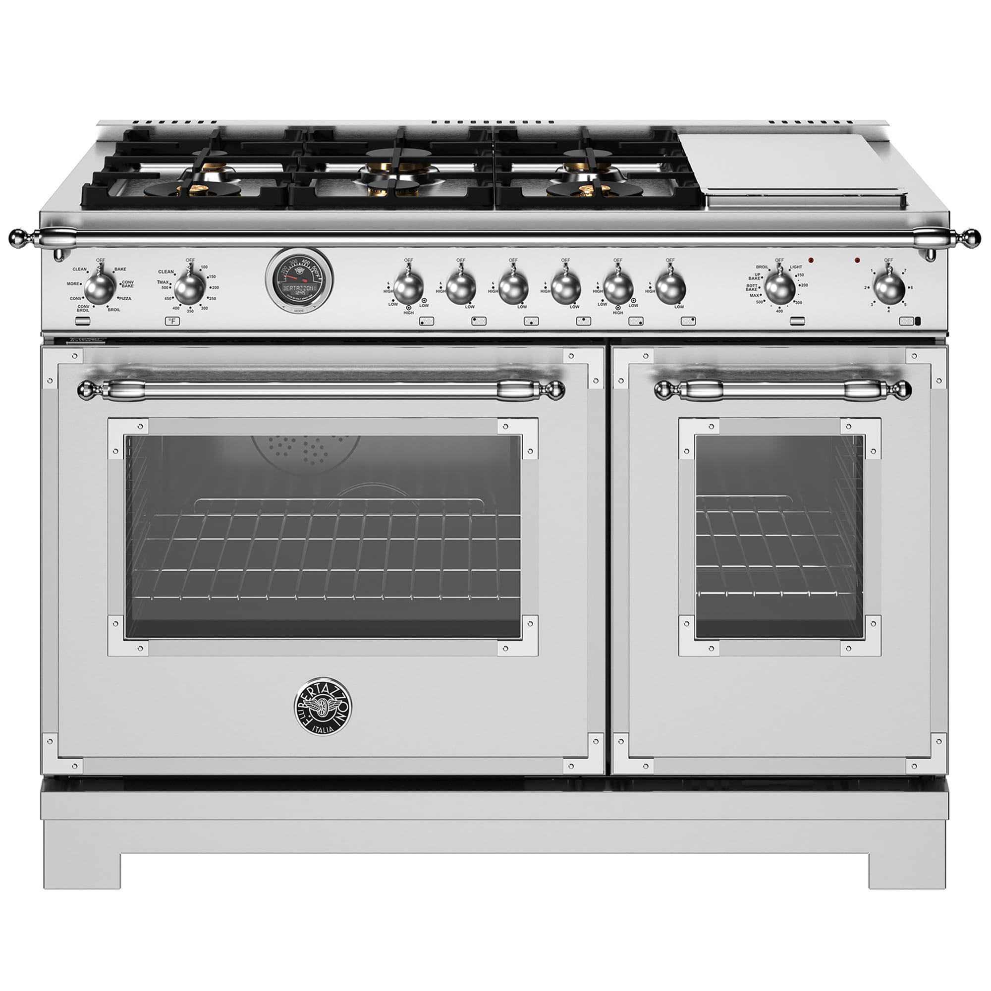 Bertazzoni Heritage Series 48 in. 7.0 cu. ft. Air-Fry Dual Convection Double Oven Dual Fuel Range with 6 Sealed Burners & Griddle - Stainless Steel, , hires