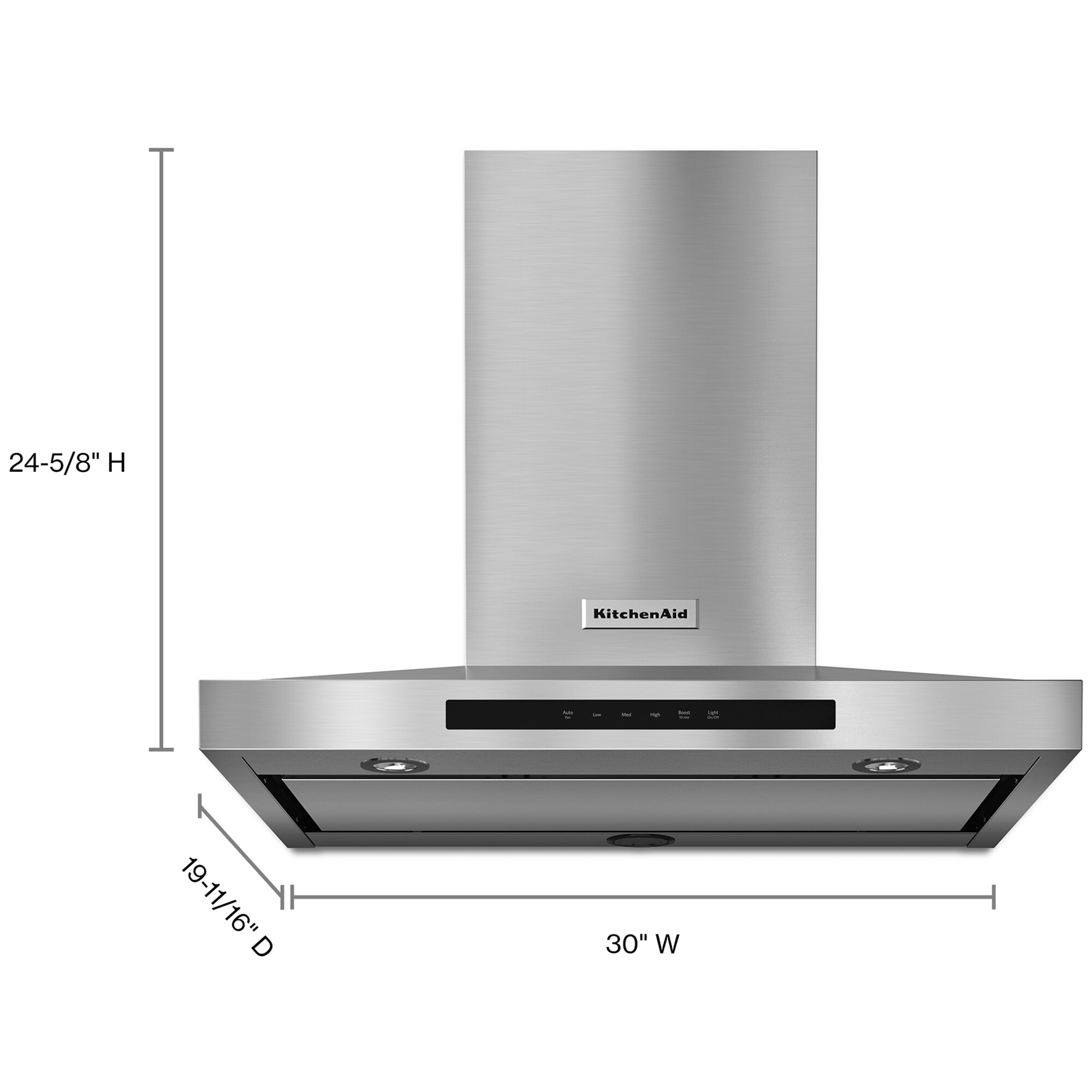 KitchenAid 30 in. Convertible Chimney Style Range Hood with 585 CFM, 3 Fan Speeds , 2 LED & 1 Halogen Lights - Stainless Steel, , hires