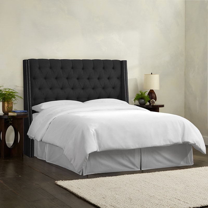 Skyline Twin Nail Button Tufted Wingback Headboard in Linen - Black, Black, hires