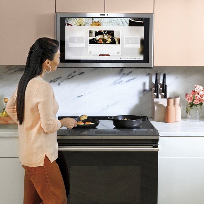 Cafe 30 in. 5.3 cu. ft. Smart Air Fry True European Convection Slide-In Electric Range with 5 Induction Burners - Platinum Glass, Platinum Glass, hires