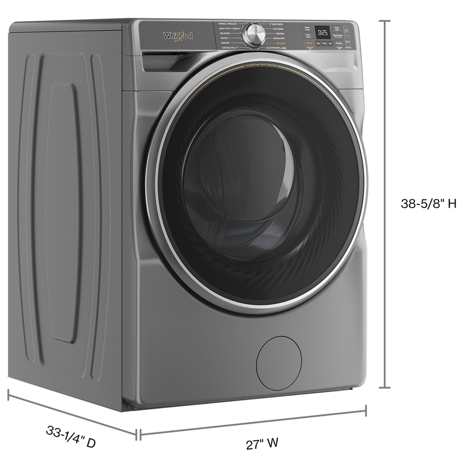 Whirlpool 27 in. 5.0 cu. ft. Smart Stackable Front Load Washer with FreshFlow Vent System, Sanitize & Steam Cycle - Radiant Silver, Radiant Silver, hires